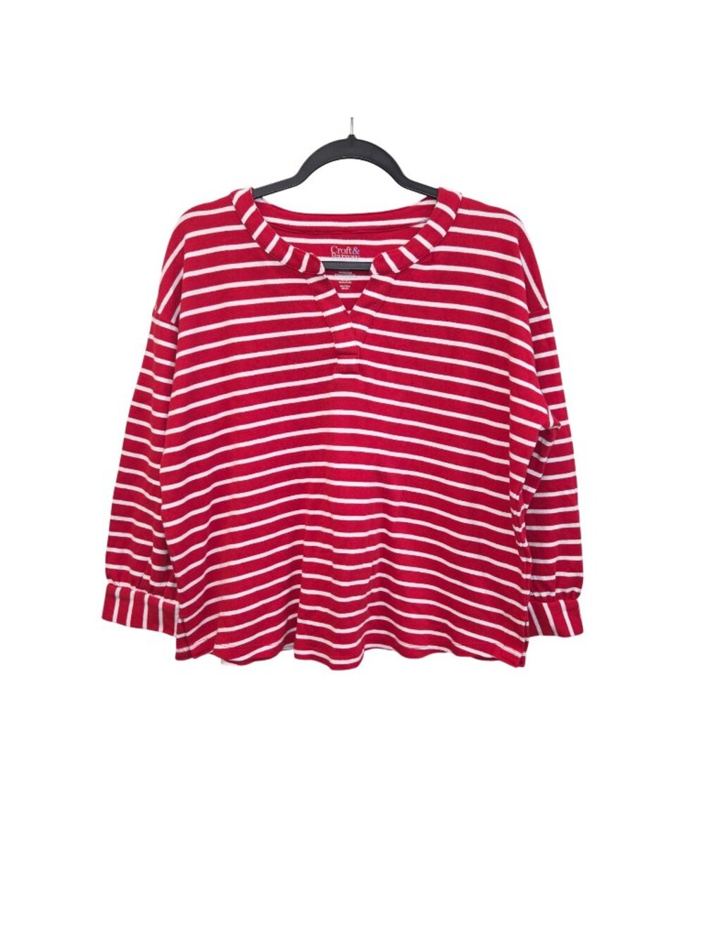 Croft & Barrow Women's L Red White Striped Long Sleeve Henley Top 2852